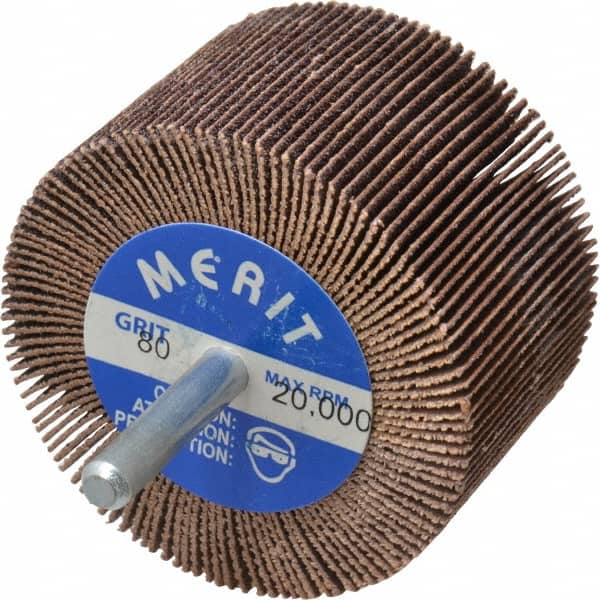 Merit Abrasives - 2-1/2" Diam x 1-1/2" Face Width, Medium Ceramic Alumina Coated Mounted Flap Wheel - 1/4" Shank Mount, 80 Grit, Cloth Backing, 20,000 Max RPM - Benchmark Tooling