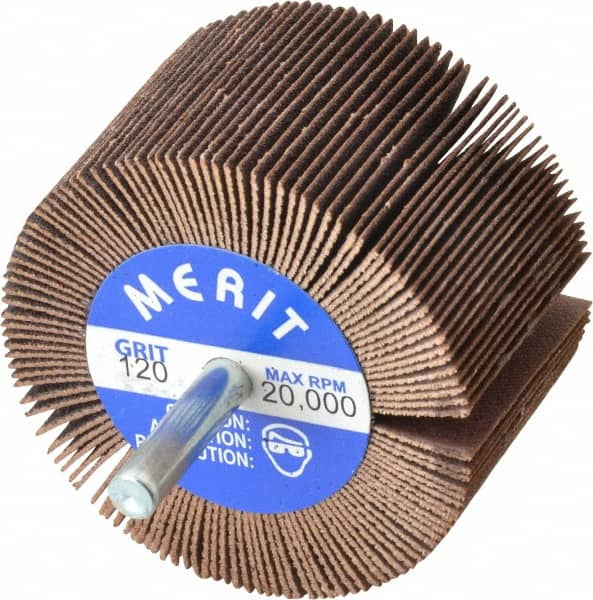 Merit Abrasives - 2-1/2" Diam x 1-1/2" Face Width, Fine Ceramic Alumina Coated Mounted Flap Wheel - 1/4" Shank Mount, 120 Grit, Cloth Backing, 20,000 Max RPM - Benchmark Tooling