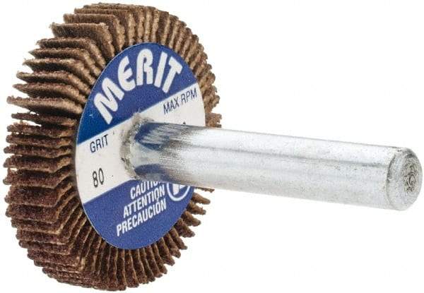 Merit Abrasives - 1-3/16" Diam x 1/4" Face Width, Medium Aluminum Oxide Coated Mounted Flap Wheel - 1/4" Shank Mount, 80 Grit, Cloth Backing, 25,000 Max RPM - Benchmark Tooling