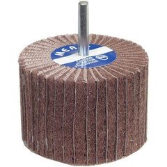 Merit Abrasives - 3" Diam x 1" Face Width, Medium Aluminum Oxide Nonwoven & Coated Mounted Flap Wheel - 1/4" Shank Mount, 80 Grit, Interleaf, X Weighted Cloth Backing, 12,000 Max RPM - Benchmark Tooling