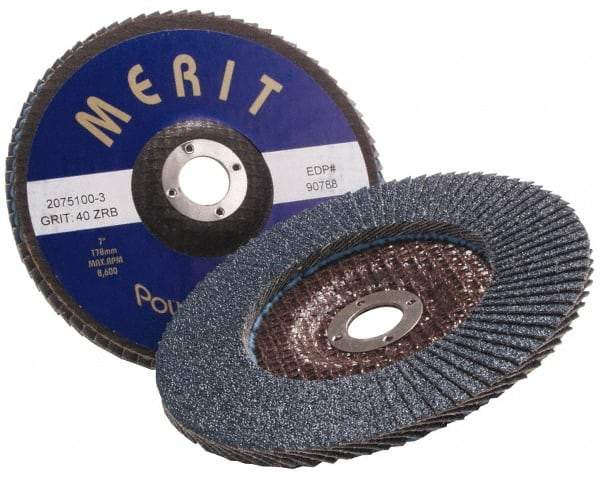 Merit Abrasives - 60 Grit, 7" Disc Diam, 7/8" Center Hole, Type 27 Zirconia Alumina Flap Disc - 8,600 Max RPM, Fiberglass Backing, Arbor Attaching System, Coated - Benchmark Tooling
