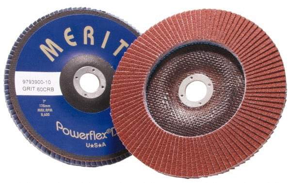 Merit Abrasives - 60 Grit, 4-1/2" Disc Diam, 7/8" Center Hole, Type 27 Aluminum Oxide Flap Disc - 13,300 Max RPM, Fiberglass Backing, Arbor Attaching System, Coated - Benchmark Tooling