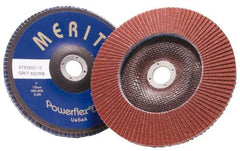 Merit Abrasives - 60 Grit, 4-1/2" Disc Diam, 7/8" Center Hole, Type 27 Aluminum Oxide Flap Disc - 13,300 Max RPM, Fiberglass Backing, Arbor Attaching System, Coated - Benchmark Tooling