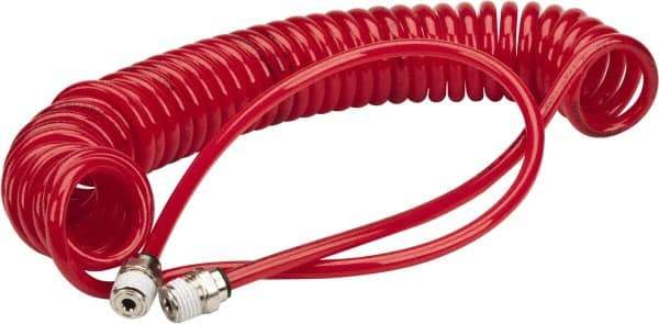 PRO-SOURCE - 0.16 ID, 1/4 Thread, 15' Long, Red Polyurethane Coiled & Self Storing Hose - 125 Max psi, Male Swivel x Male Swivel - Benchmark Tooling