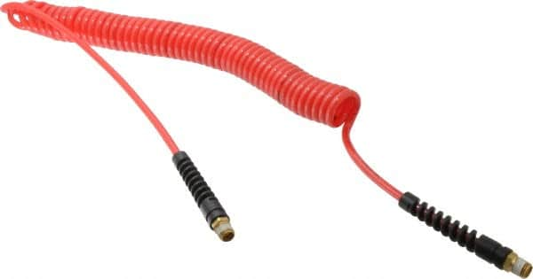 PRO-SOURCE - 3/16" ID, 1/4 Thread, 20' Long, Red Polyurethane Coiled & Self Storing Hose - 147 Max psi, Male Swivel x Male Swivel - Benchmark Tooling