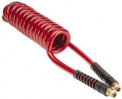 PRO-SOURCE - 3/8" ID, 1/4 Thread, 10' Long, Red Polyurethane Coiled & Self Storing Hose - 200 Max psi, Male Swivel x Male Swivel - Benchmark Tooling