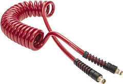 PRO-SOURCE - 3/8" ID, 1/4 Thread, 15' Long, Red Polyurethane Coiled & Self Storing Hose - 200 Max psi, Male Swivel x Male Swivel - Benchmark Tooling