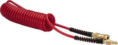 PRO-SOURCE - 1/4" ID, 1/4 Thread, 15' Long, Red Polyurethane Coiled & Self Storing Hose - Male Swivel x Male Swivel - Benchmark Tooling