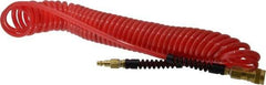 PRO-SOURCE - 1/4" ID, 1/4 Thread, 25' Long, Red Polyurethane Coiled & Self Storing Hose - Male Swivel x Male Swivel - Benchmark Tooling