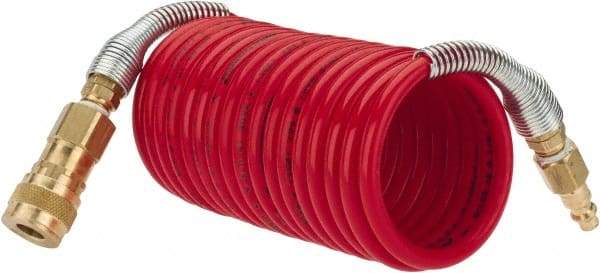 PRO-SOURCE - 1/4" ID, 1/4 Thread, 12' Long, Red Nylon Coiled & Self Storing Hose - 240 Max psi, Industrial Interchange Coupler x Plug - Benchmark Tooling