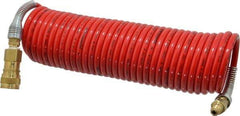 PRO-SOURCE - 1/4" ID, 1/4 Thread, 25' Long, Red Nylon Coiled & Self Storing Hose - 240 Max psi, Industrial Interchange Coupler x Plug - Benchmark Tooling