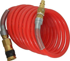 PRO-SOURCE - 3/8" ID, 3/8 Thread, 12' Long, Red Nylon Coiled & Self Storing Hose - 225 Max psi, Industrial Interchange Coupler x Plug - Benchmark Tooling