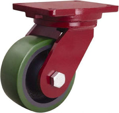 Hamilton - 6" Diam x 2-1/2" Wide x 8-1/2" OAH Top Plate Mount Swivel Caster - Polyurethane Mold onto Cast Iron Center, 1,600 Lb Capacity, Tapered Roller Bearing, 6-1/8 x 7-1/2" Plate - Benchmark Tooling