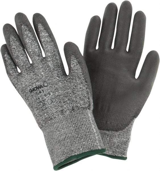 SHOWA - Size S (6), ANSI Cut Lvl 2, Puncture Lvl 2, Abrasion Lvl 6, Polyurethane Coated Cut Resistant Gloves - 9.5" Long, Palm & Fingers Coated, HPPE Lining, Knit Wrist, Gray/Gray, Paired - Benchmark Tooling