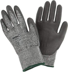 SHOWA - Size S (6), ANSI Cut Lvl 2, Puncture Lvl 2, Abrasion Lvl 6, Polyurethane Coated Cut Resistant Gloves - 9.5" Long, Palm & Fingers Coated, HPPE Lining, Knit Wrist, Gray/Gray, Paired - Benchmark Tooling