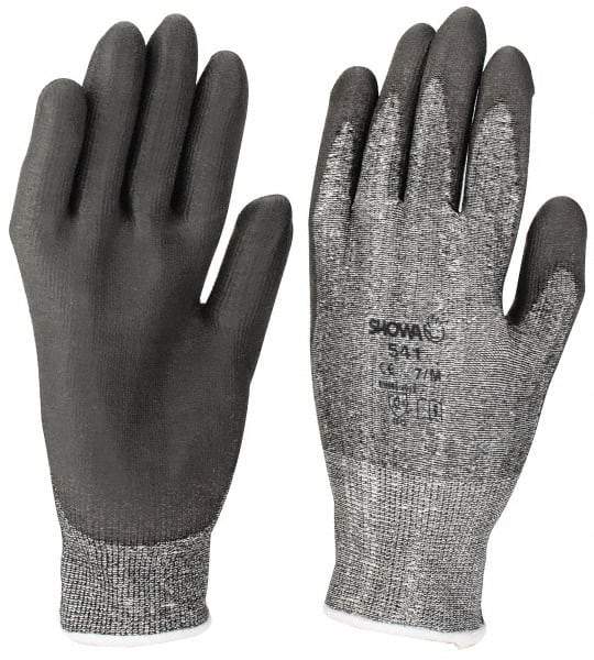 SHOWA - Size L (10), ANSI Cut Lvl 2, Puncture Lvl 2, Abrasion Lvl 6, Polyurethane Coated Cut Resistant Gloves - 9.5" Long, Palm & Fingers Coated, HPPE Lining, Knit Wrist, Gray/Gray, Paired - Benchmark Tooling