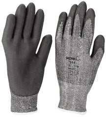 SHOWA - Size L (10), ANSI Cut Lvl 2, Puncture Lvl 2, Abrasion Lvl 6, Polyurethane Coated Cut Resistant Gloves - 9.5" Long, Palm & Fingers Coated, HPPE Lining, Knit Wrist, Gray/Gray, Paired - Benchmark Tooling