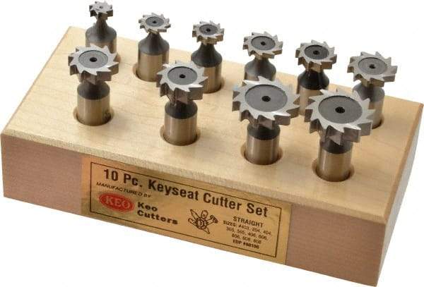 Keo - 3/8 to 1" Cutting Diam, Straight Tooth Configuration, Woodruff and Keyseat Cutter Set - 204 to 808 ANSI, High Speed Steel, 10 Pieces - Benchmark Tooling