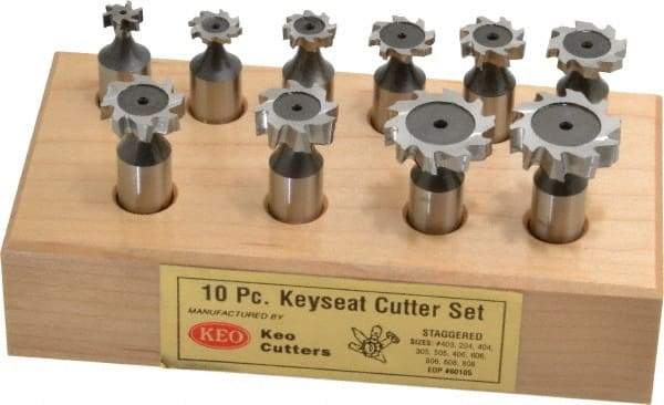 Keo - 1/2 to 1" Cutting Diam, Staggered Tooth Configuration, Woodruff and Keyseat Cutter Set - 204 to 808 ANSI, High Speed Steel, 10 Pieces - Benchmark Tooling