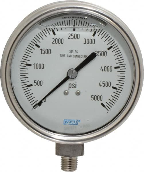 Wika - 4" Dial, 1/4 Thread, 0-5,000 Scale Range, Pressure Gauge - Lower Connection Mount, Accurate to 1% of Scale - Benchmark Tooling