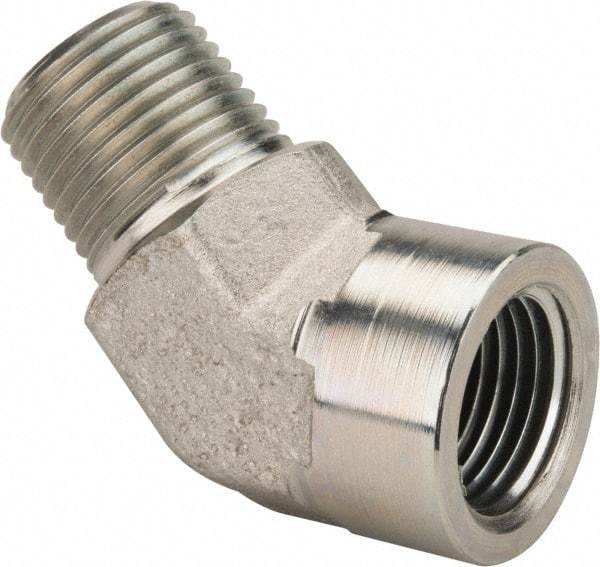 Parker - 1/2 Male Thread x 1/2 Female Thread, Zinc Plated Steel Industrial Pipe 45° Street Elbow - MNPTF x FNPTF, 3,000 psi - Benchmark Tooling