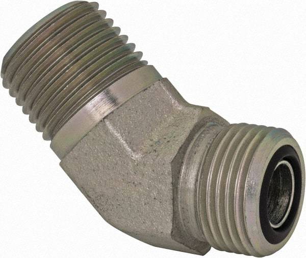 Parker - 1/2" OD, Steel Zinc Plated Male 45° Elbow - 6,000 Max Working psi, O-Ring Face Seal/NPTF Ends - Benchmark Tooling