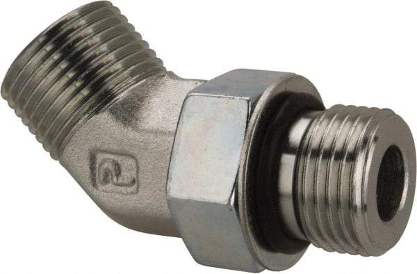 Parker - 1/2" OD, Steel Zinc Plated Male 45° Elbow - 6,000 Max Working psi, O-Ring Face Seal/SAE-ORB Ends - Benchmark Tooling