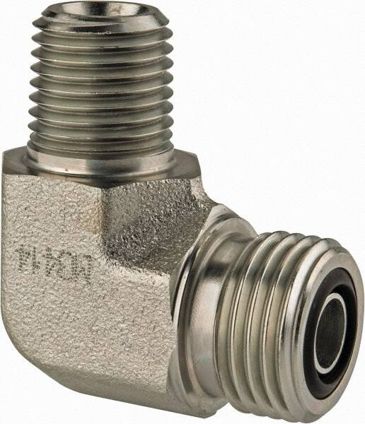 Parker - 3/8" OD, Steel Zinc Plated Male Elbow - 6,000 Max Working psi, O-Ring Face Seal/NPTF Ends - Benchmark Tooling