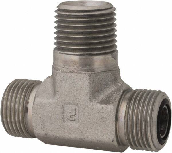 Parker - 1/2" OD, Steel Zinc Plated Male Branch Tee - 6,000 Max Working psi, O-Ring Face Seal/NPTF Ends - Benchmark Tooling