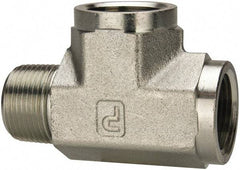 Parker - 1 Male Thread x 1 Female Thread, Zinc Plated Steel Industrial Pipe Street Tee - MNPTF x FNPTF, 1,800 psi - Benchmark Tooling