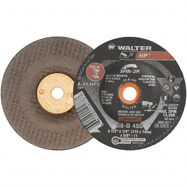 WALTER Surface Technologies - 24 Grit, 7" Wheel Diam, 1/4" Wheel Thickness, Type 27 Depressed Center Wheel - Aluminum Oxide, 8,600 Max RPM - Benchmark Tooling