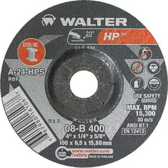 WALTER Surface Technologies - 24 Grit, 4" Wheel Diam, 1/4" Wheel Thickness, 5/8" Arbor Hole, Type 27 Depressed Center Wheel - Aluminum Oxide, Resinoid Bond, 15,000 Max RPM - Benchmark Tooling