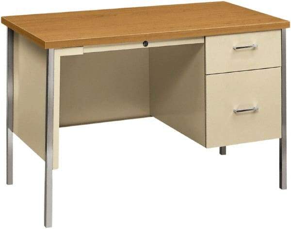 Hon - Woodgrain Laminate/Metal Right Pedestal Desk with Center Drawer - 45" Wide x 24" Deep x 29" High, Harvest/Putty - Benchmark Tooling