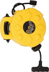 Bayco - 12 AWG, 50' Cable Length, Cord & Cable Reel with Outlet End - 4 Outlets, NEMA 5-15R, 15 Amps, SJTW Cable, Yellow Reel - Benchmark Tooling