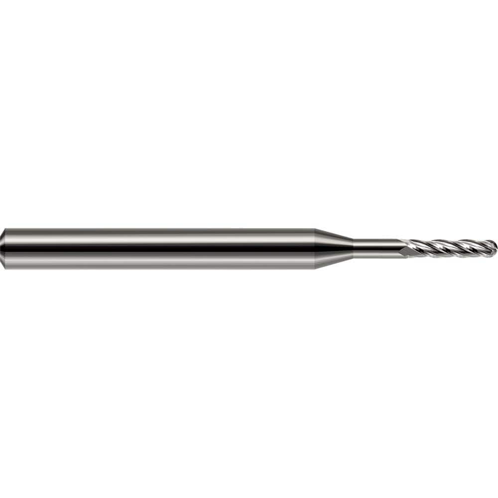 Ball End Mill: 0.075″ Dia, 0.225″ LOC, 4 Flute, Solid Carbide 1-1/2″ OAL, 1/8″ Shank Dia, 30 ° Helix, Uncoated, Single End