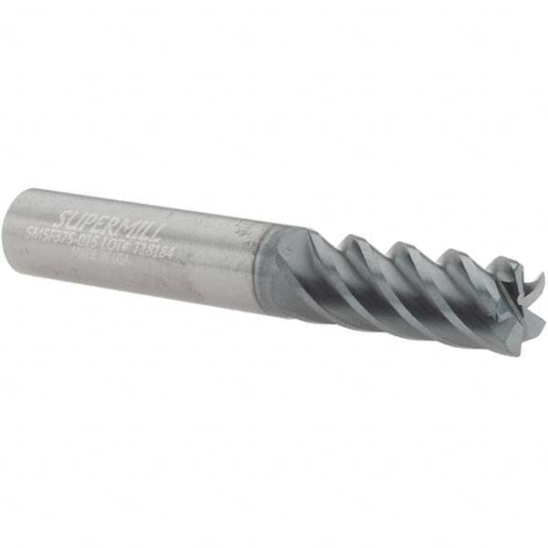 Corner Radius End Mill: 3/8″ Dia, 1″ LOC, 0.015″ Radius, 5 Flutes, Solid Carbide 2-1/2″ OAL, 3/8″ Shank Dia, 45 ° Helix, AlCrN Coated, Corner Radius End, Centercutting, Series SM5F