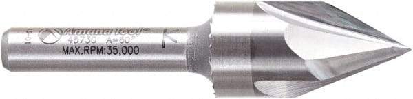 Amana Tool - 9/16" Cut Diam, 1/2" Length of Cut, 3 Flute V-Groove Edge Profile Router Bit - Solid Carbide, 1/4" Shank Diam, 2-1/4" OAL, Uncoated - Benchmark Tooling