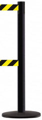Tensator - 38-1/4" High, 2-1/2" Pole Diam, Tensabarrier Post - 13-1/2" Base Diam, Round ABS Plastic Base, Black 7-1/2" Tape, Dual Line Tape - Benchmark Tooling