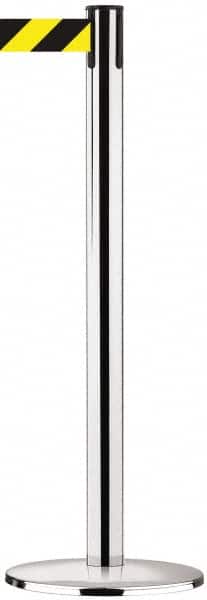 Tensator - 38-1/2" High, 2-1/2" Pole Diam, Tensabarrier Post - 13-1/2" Base Diam, Round Cast Iron with Pressed Steel Cover Base, Polished Chrome (Color) 7-1/2' Tape - Benchmark Tooling