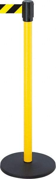 Tensator - 38-1/2" High, 2" Pole Diam, Tensabarrier Post - 13-1/2" Base Diam, Round Stainless Steel Base, Yellow 7-1/2' Tape - Benchmark Tooling