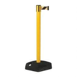 Tensator - 38-1/4" High, 2-1/2" Pole Diam, Tensabarrier Post - 19" Base Diam, UPVC Base, Yellow Plastic Post, 7-1/2' Tape, Single Line Tape, For Outdoor Use - Benchmark Tooling
