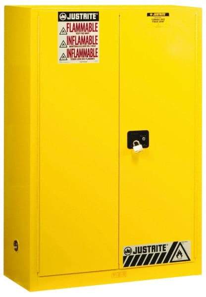 Justrite - 2 Door, 2 Shelf, Yellow Steel Standard Safety Cabinet for Flammable and Combustible Liquids - 65" High x 43" Wide x 18" Deep, Manual Closing Door, 3 Point Key Lock, 45 Gal Capacity - Benchmark Tooling