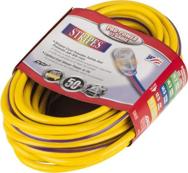 Southwire - 50', 12/3 Gauge/Conductors, Yellow/Purple Outdoor Extension Cord - 1 Receptacle, 15 Amps, 125 VAC, UL SJTW, NEMA 5-15P, 5-15R - Benchmark Tooling