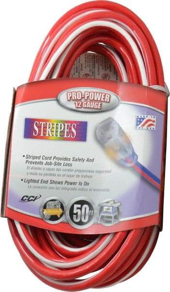 Southwire - 50', 12/3 Gauge/Conductors, Red/White Outdoor Extension Cord - 1 Receptacle, 15 Amps, 125 VAC, UL SJTW, NEMA 5-15P, 5-15R - Benchmark Tooling