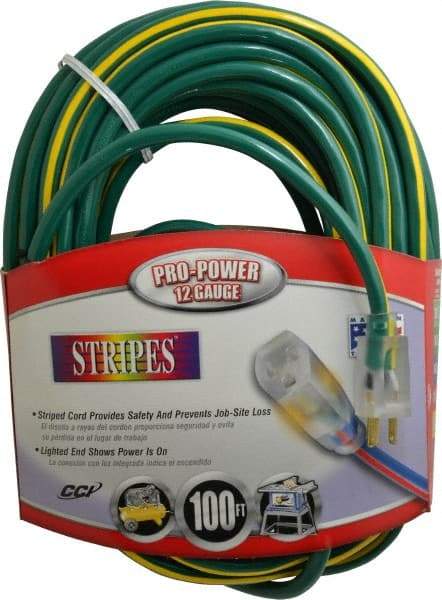 Southwire - 100', 12/3 Gauge/Conductors, Green/Yellow Outdoor Extension Cord - 1 Receptacle, 15 Amps, 125 VAC, UL SJTW, NEMA 5-15P, 5-15R - Benchmark Tooling