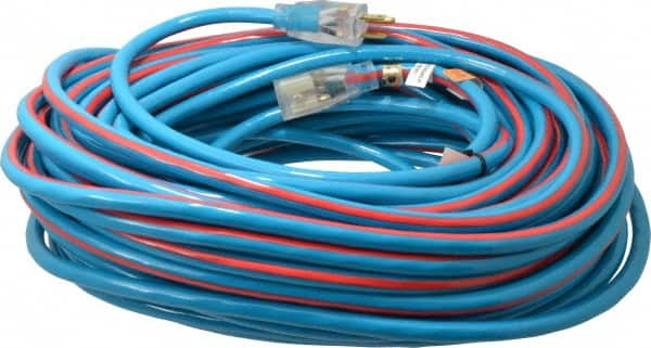 Southwire - 100', 12/3 Gauge/Conductors, Blue/Red Outdoor Extension Cord - 1 Receptacle, 15 Amps, 125 VAC, UL SJTW, NEMA 5-15P, 5-15R - Benchmark Tooling