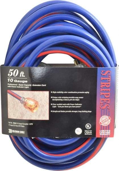 Southwire - 50', 10/3 Gauge/Conductors, Blue/Red Outdoor Extension Cord - 1 Receptacle, 15 Amps, 125 VAC, UL SJTW, NEMA 5-15P, 5-15R - Benchmark Tooling