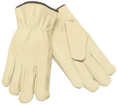 MCR Safety - Size M (8) Grain Pigskin General Protection Work Gloves - For Work & Driver, Uncoated, Slip-On Cuff, Full Fingered, Yellow/Green, Paired - Benchmark Tooling
