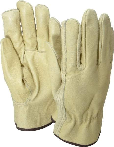 MCR Safety - Size L (9) Grain Pigskin General Protection Work Gloves - For Work & Driver, Uncoated, Slip-On Cuff, Full Fingered, Yellow/Brown, Paired - Benchmark Tooling