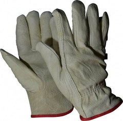 MCR Safety - Size S (7) Grain Pigskin General Protection Work Gloves - For Work & Driver, Uncoated, Slip-On Cuff, Full Fingered, Yellow/Red, Paired - Benchmark Tooling